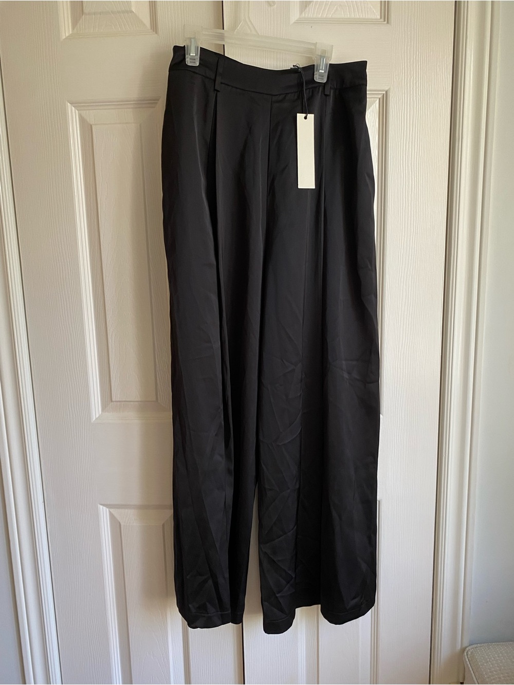 New Pinch Black Wide-Leg Satin Pants back zip, side pockets, front slit at hem